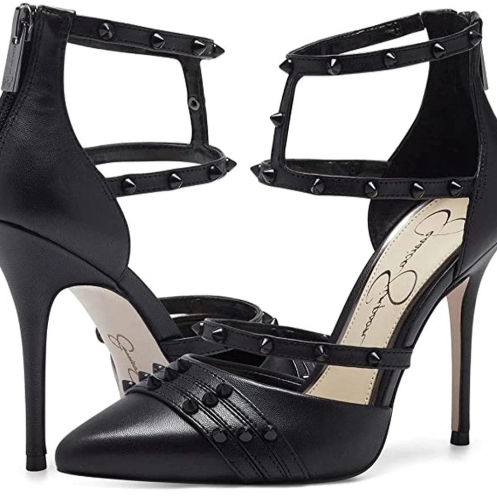 Jessica Simpson Black Studded Ankle-Strap Pointed-Toe Heels